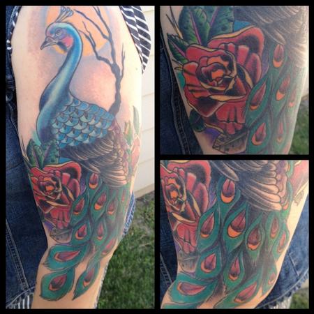 Gary Dunn - colored traditional peacock tattoo, Gary Dunn Art Junkies Tattoo